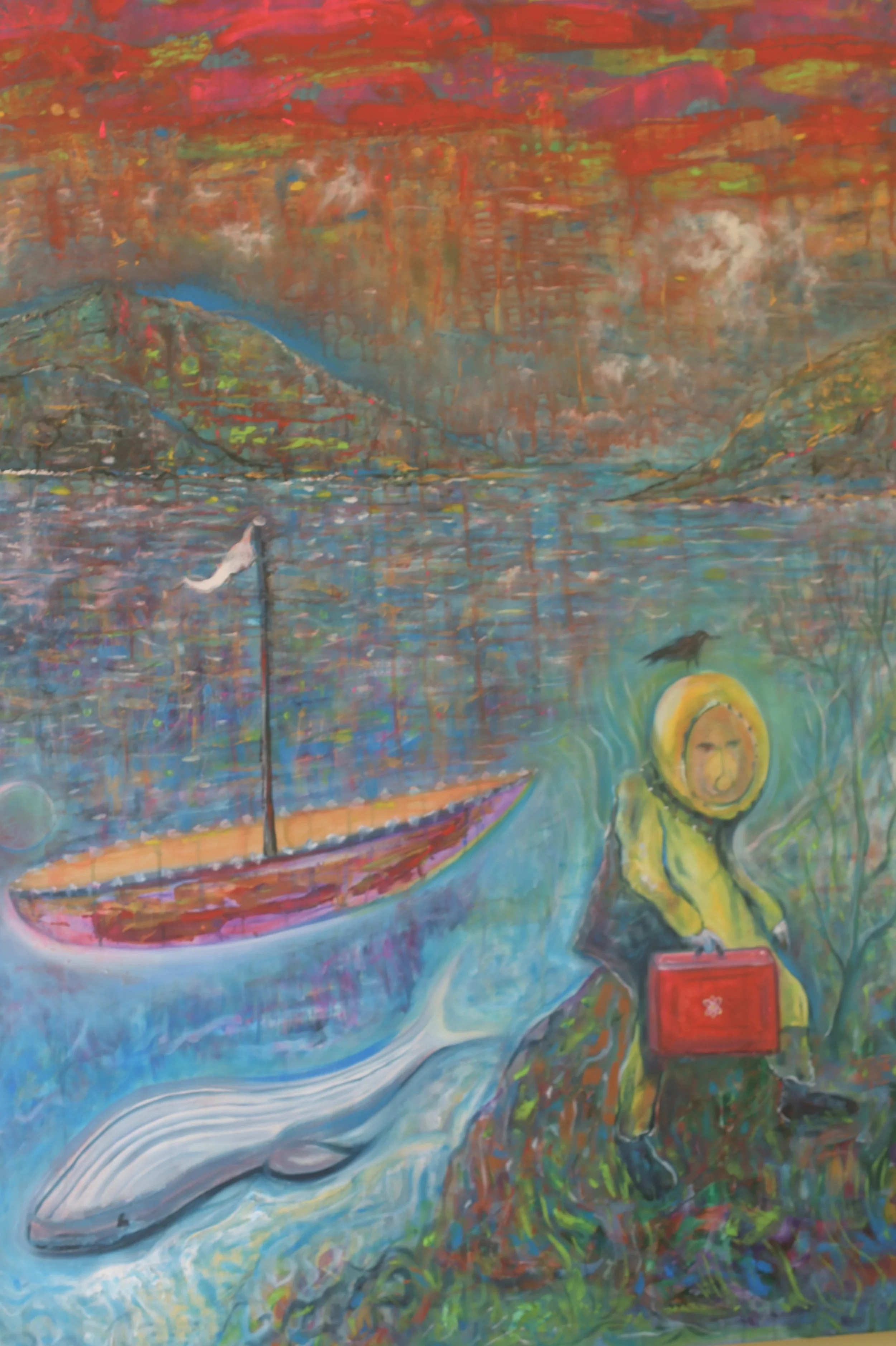 The Last Canadian on Earth, lifeboat whale & raven (2026) Mixed-media on canvas 150X300cm.  5000US