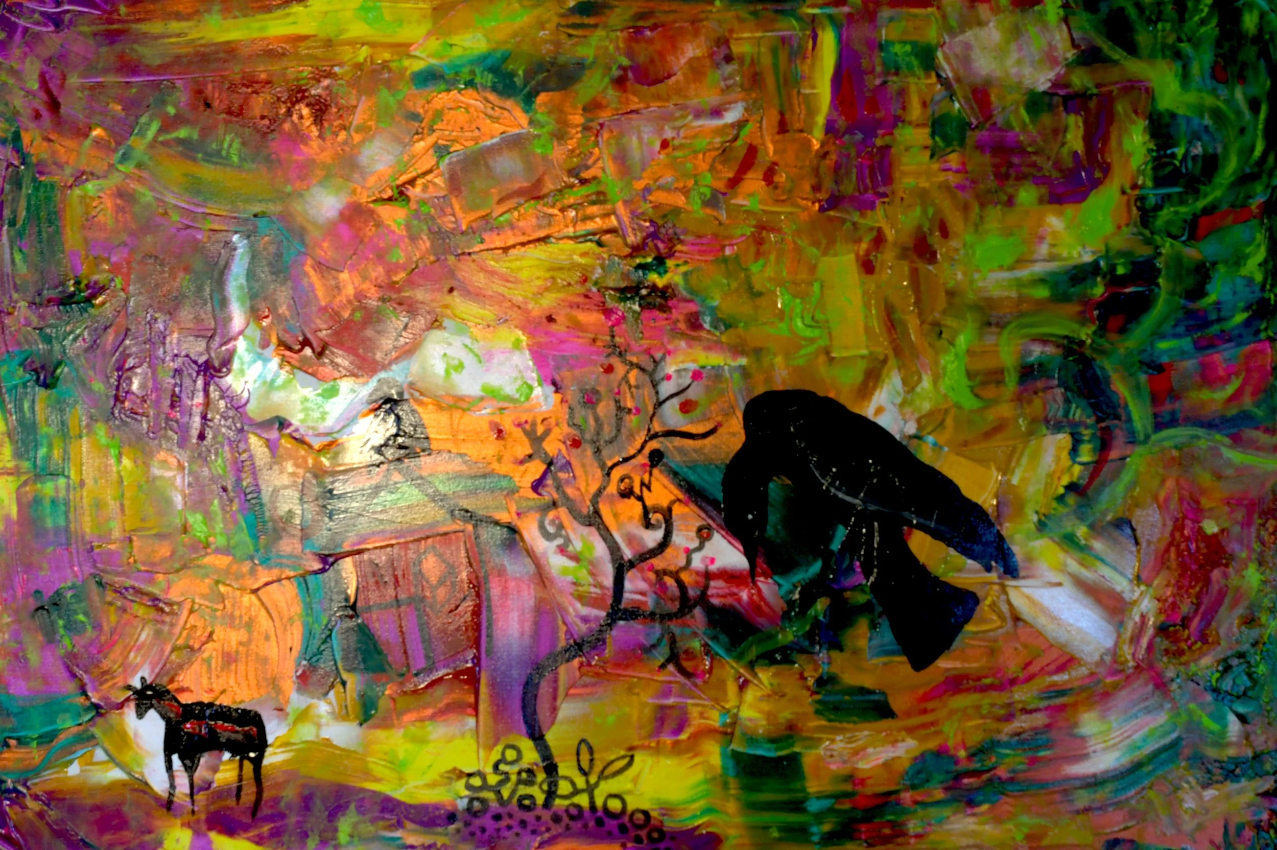 Black bird and bull in Spain (2025) Mixed media on canvas [40X80cm]. 2000US