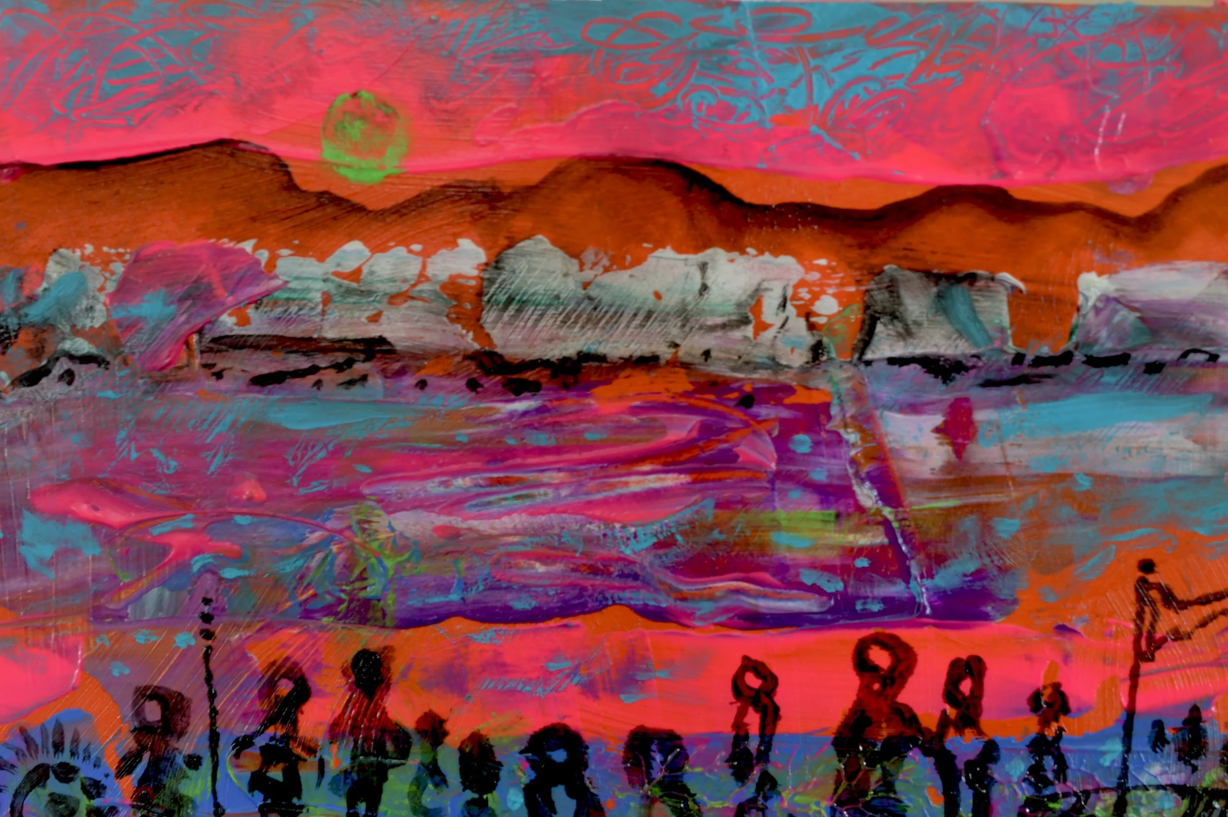 Villagers gather at dawn (2024) Mixed-media on wooden panel [20X45cm] 500US