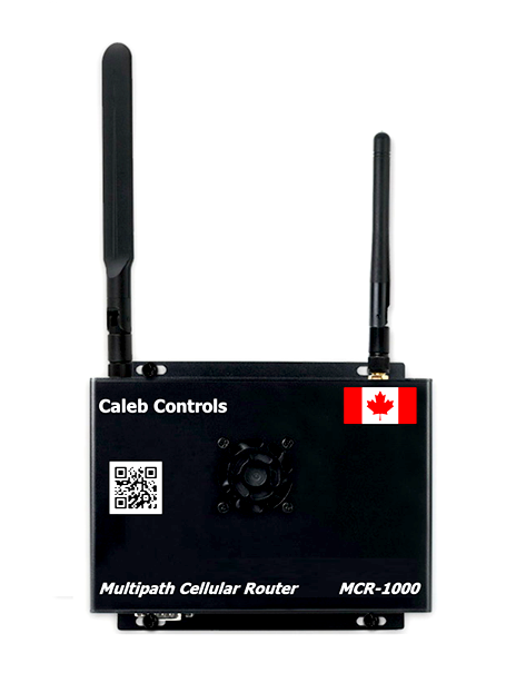 Black multipath cellular router with two antennas, labeled 'Caleb Controls,' featuring a Canadian sticker, QR code, and model number MCR-1000.
