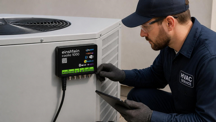 A technician installing and connecting remotely with his tablet to the customer HVAC equipment via the einshtein coolio 1000.