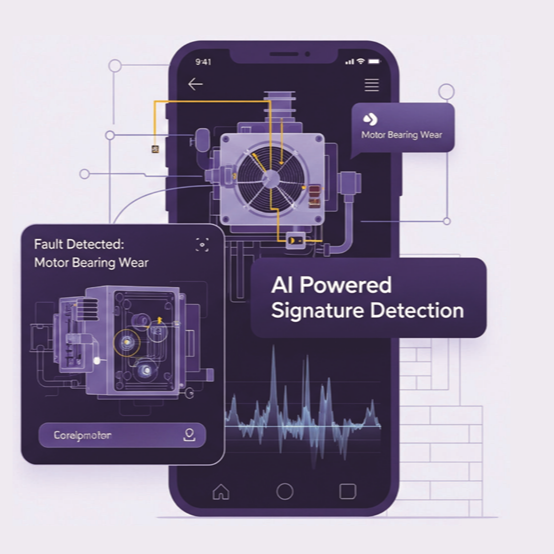 Smartphone displaying AI-powered machinery diagnostics, highlighting motor bearing wear with signature detection and fault alerts.