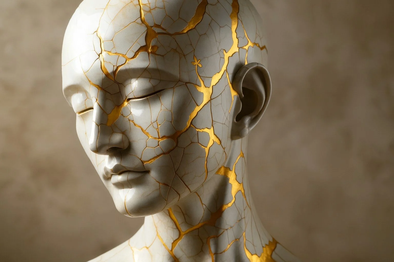 A mannequin head with a cracked porcelain finish highlighted with gold lines, resembling fractured ceramic or stone.