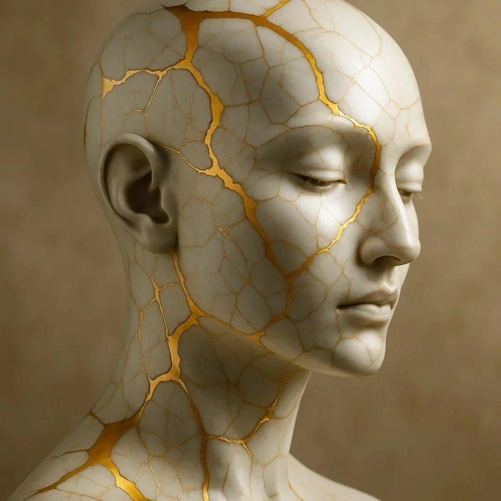 A sculpture of a human head and neck with realistic facial features, filled with a pattern of gold and white cracks resembling cracked porcelain or marble.
