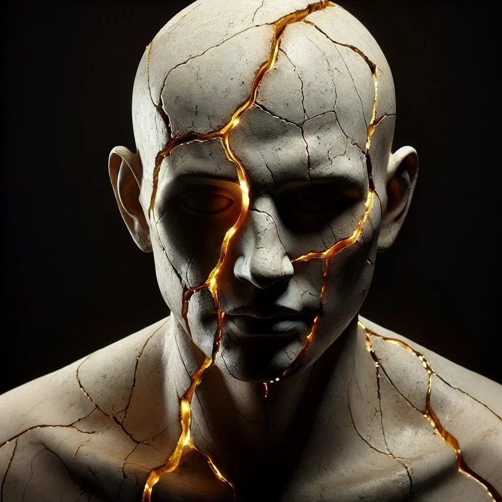 A statue of a human head and shoulders with cracks and glowing fissures resembling glowing lava.