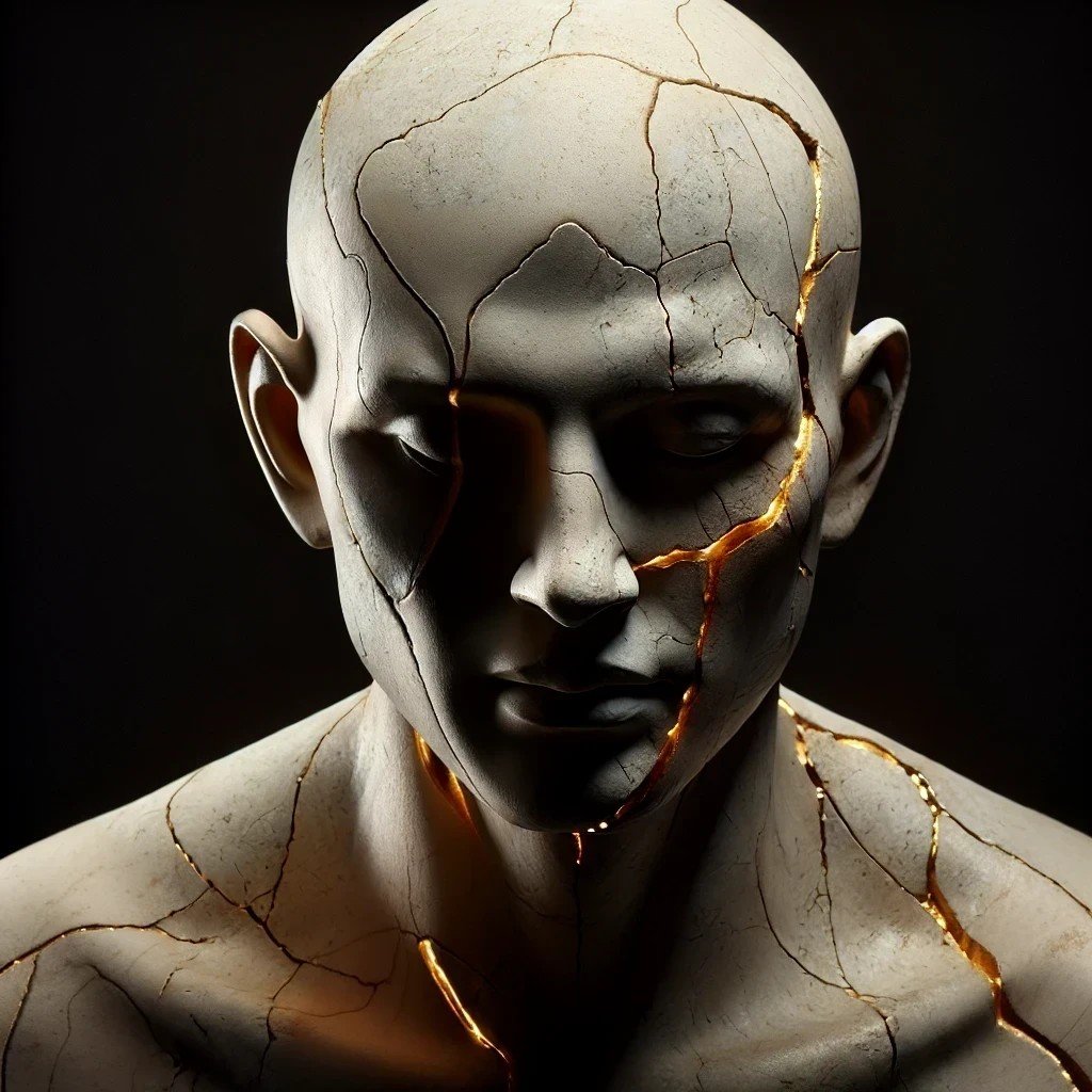 A cracked, marble-like statue or sculpture of a human head and shoulders with dark background and glowing cracks.