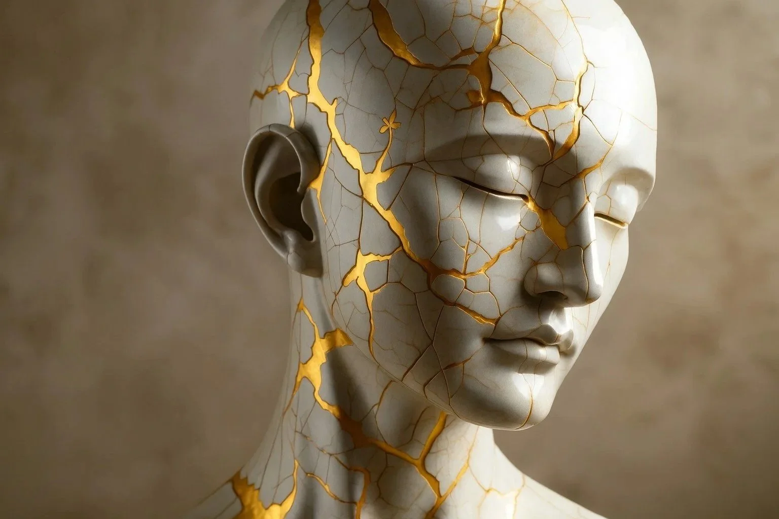 A sculpture of a human head and shoulders with a cracked, porcelain-like surface accented by gold veins, featuring a closed mouth and glasses on the forehead.