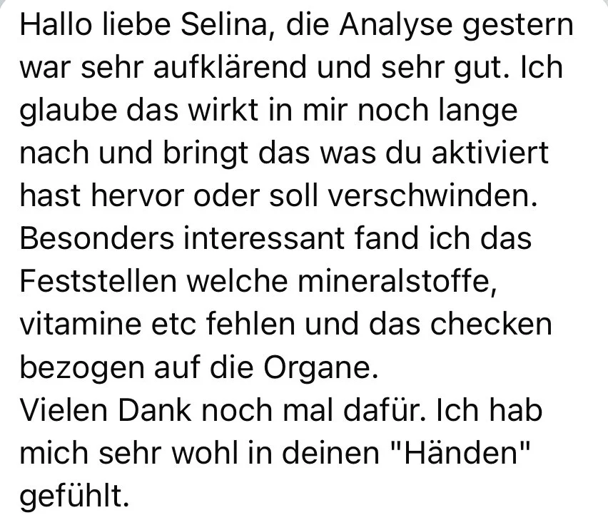 Der Text ist ein Dankesschreiben an Selina, in dem die Person ihre positive Erfahrung und die Erkenntnisse aus einer Analyse beschreibt, einschließlich der Bedeutung von Mineralstoffen und Vitaminen sowie ihrer Wertschätzung für die Unterstützung.