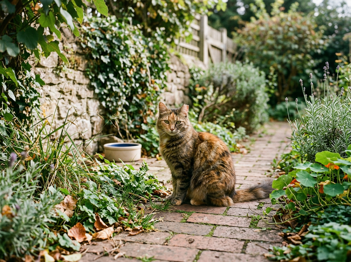 A tabby cat with brown and black fur sitting on a brick pathway in a garden, surrounded by green plants and leaves with a stone wall and wooden fence in the background.