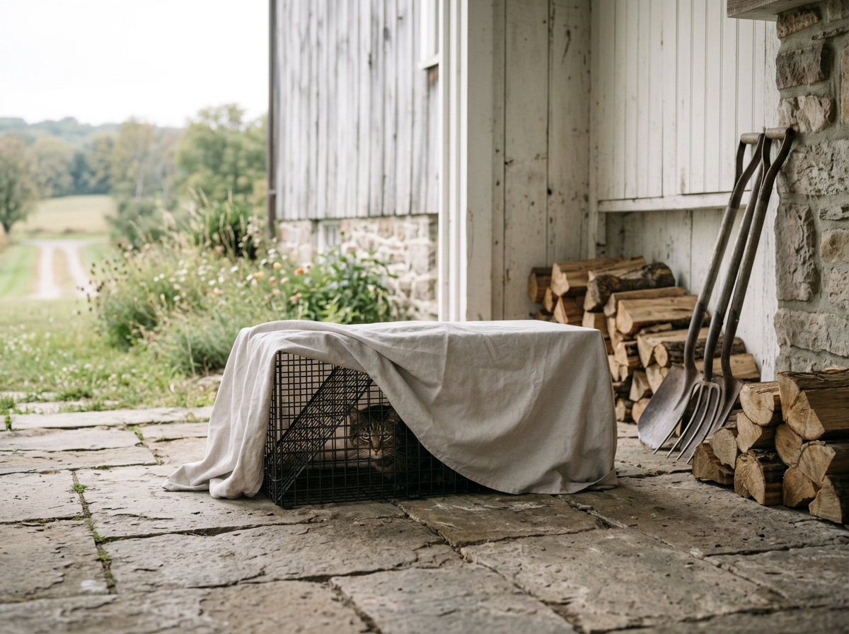 A cat inside a wire cage under a white cloth on a stone patio, next to a stack of firewood and gardening tools, with an outdoor landscape in the background.