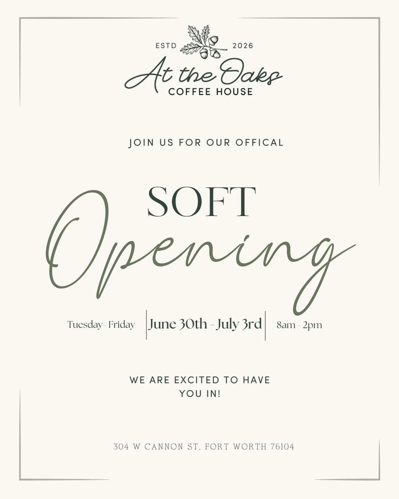 The doors are open. Come as you are! We&rsquo;re soft opening this week (limited days/hours) - come say hi, grab a bite, and help us work out the kinks. Your feedback and understanding means a lot to us right now. See you soon!
