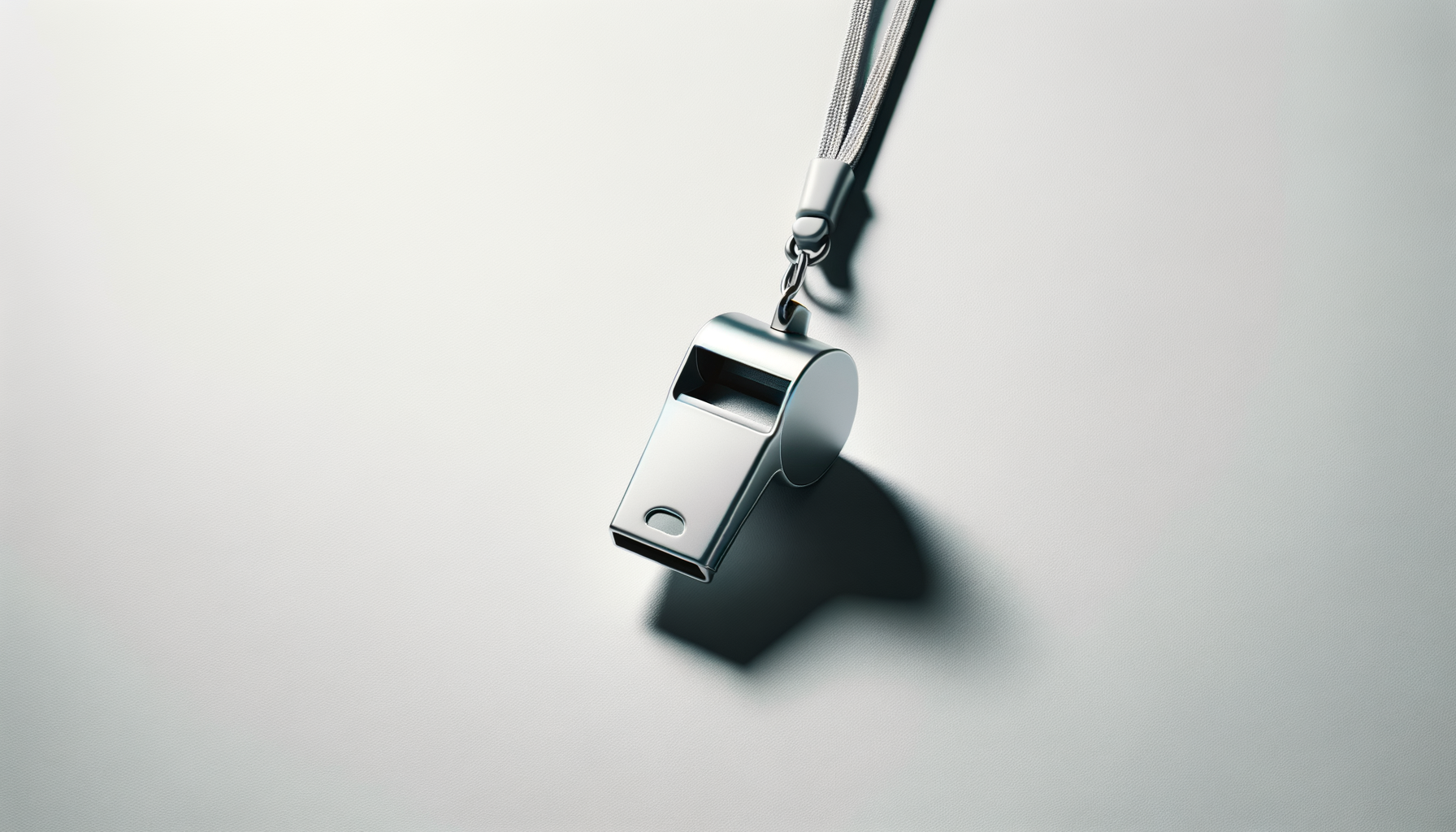 A silver whistle with a lanyard on a plain white surface.