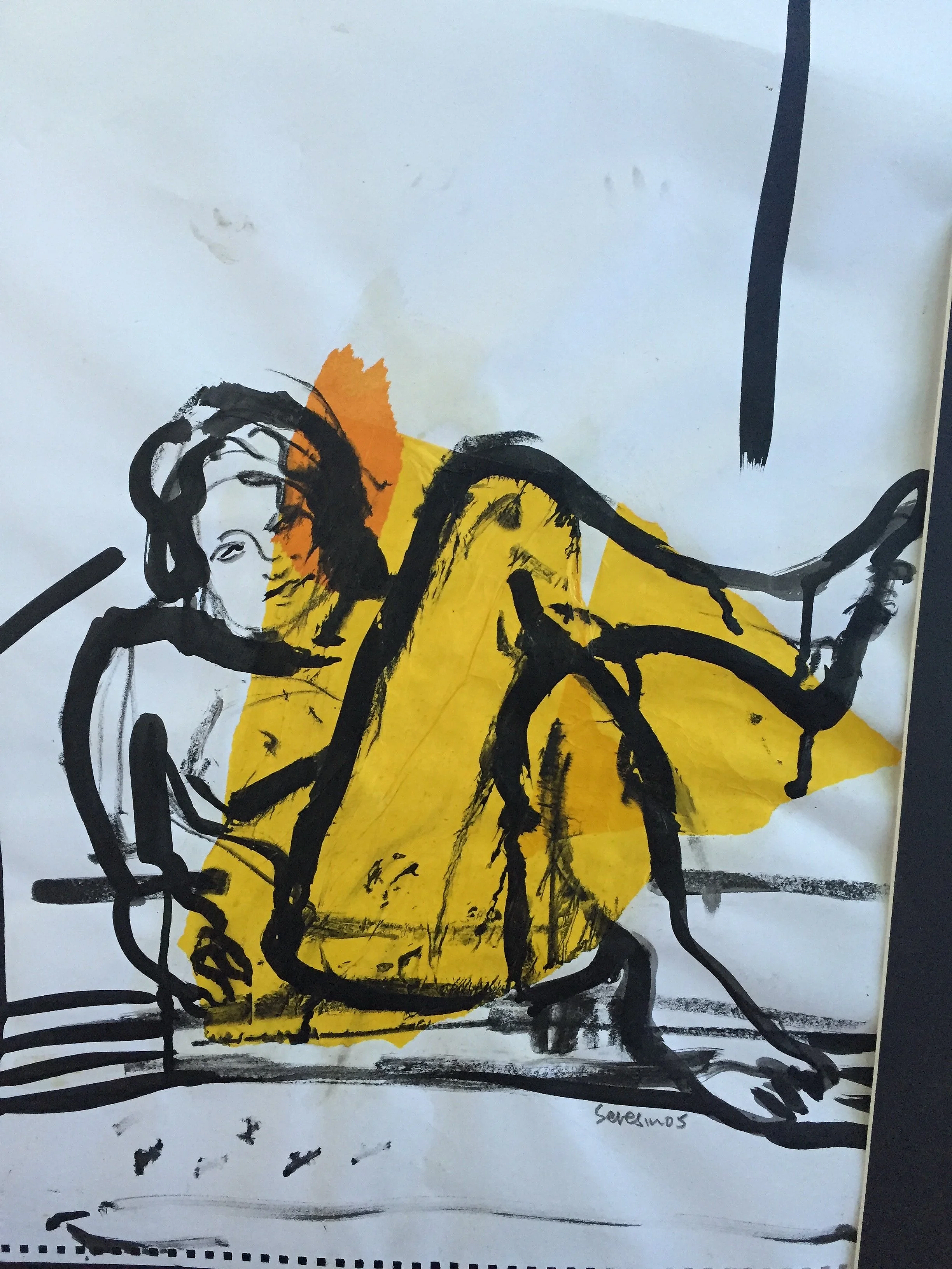 Yellow reclining nude knees up.