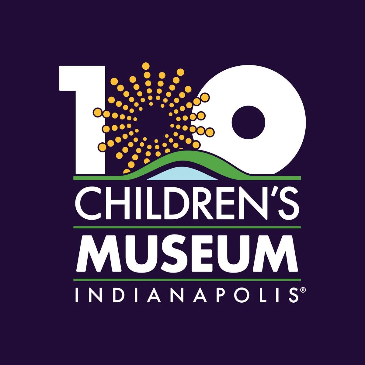Logo for the Children's Museum Indianapolis with the numbers 1 and 0, a sunburst graphic, a green hill, and the text 'Children's Museum Indianapolis'.