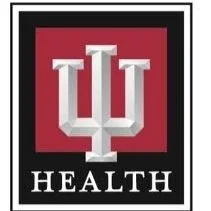 Indiana University Health logo with white IU Letters on red background and a white caduceus symbol above the word 'HEALTH'