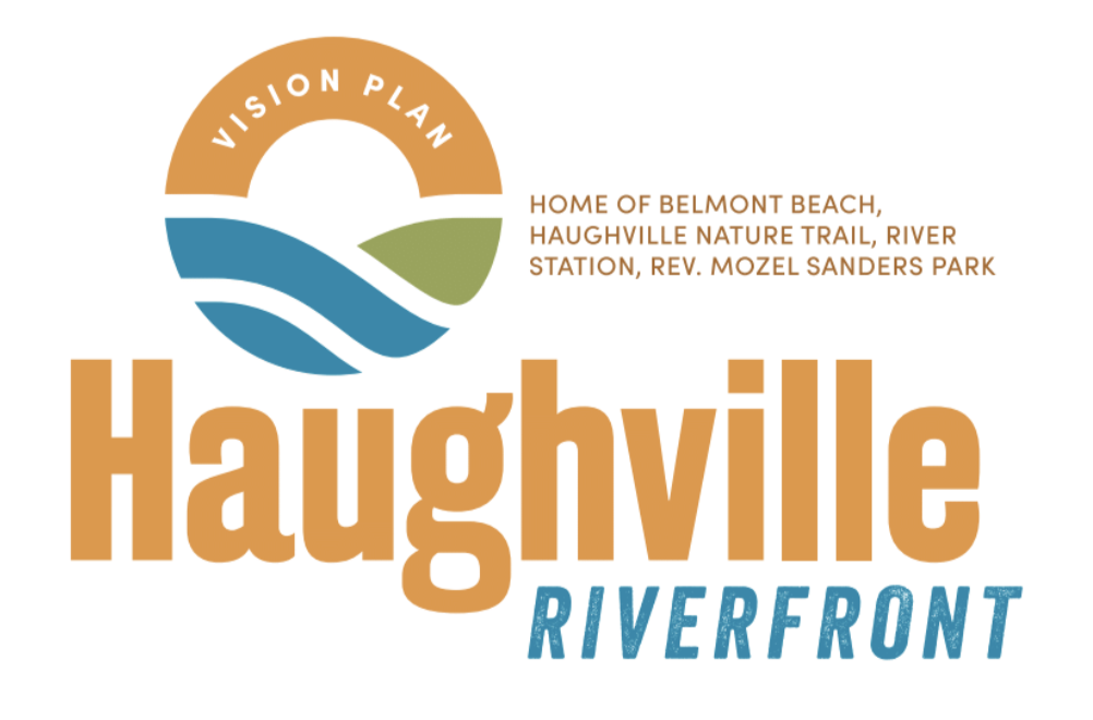 Logo featuring a circular icon with stylized water and land, and text that reads 'Haughville Riverfront', with additional text about local landmarks and a neighborhood called Belmont Beach.