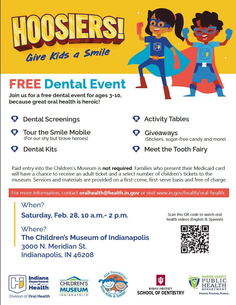 Access to free oral health services matters, and we're pleased to share this opportunity with families in our community. 

The Children&rsquo;s Museum of Indianapolis, in partnership with the Indiana Department of Health Oral Health Division, will ho