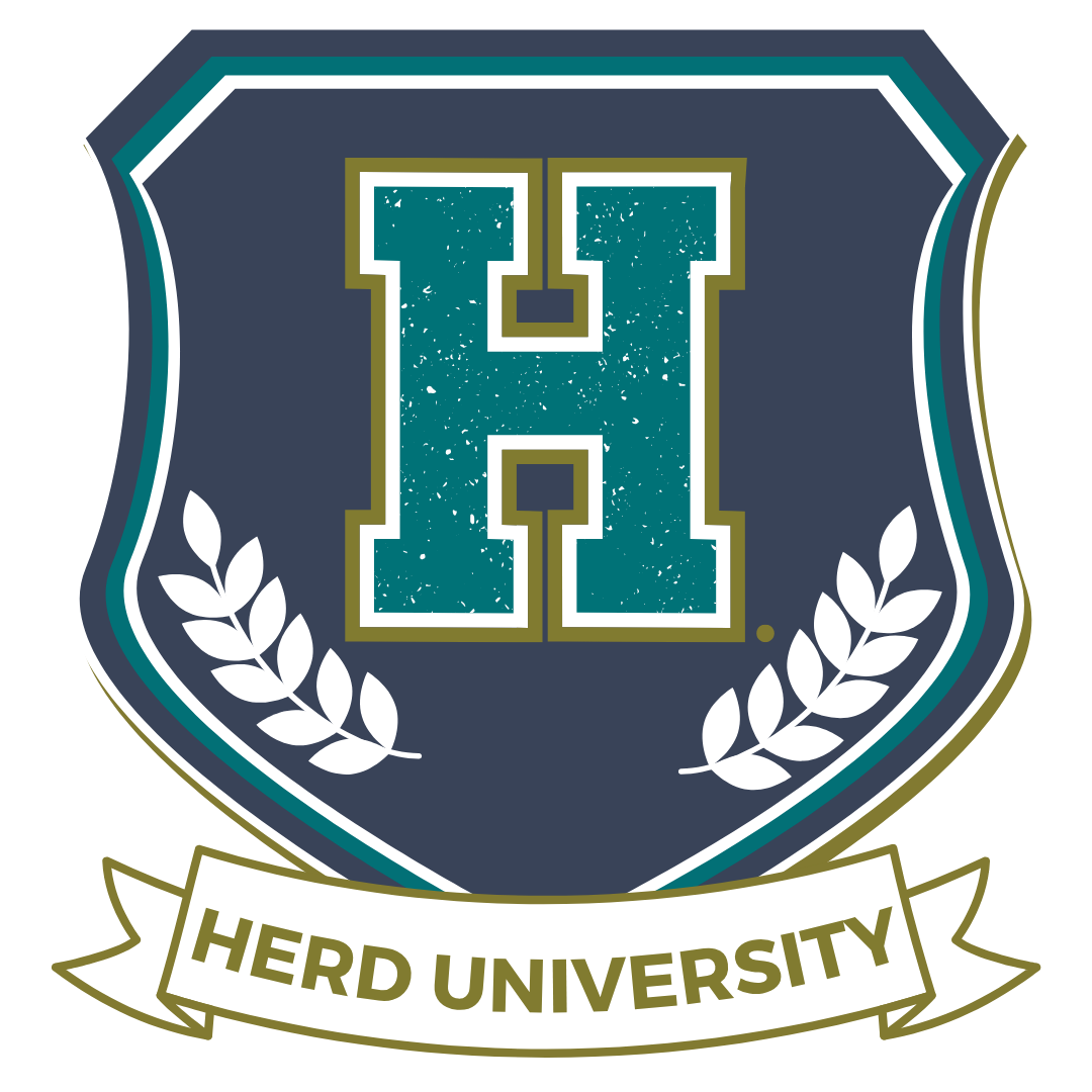 A university emblem with a large letter 'H' in the center, enclosed by a shield shape with a decorative border. The emblem features laurel branches on either side and a banner at the bottom that reads 'HERD UNIVERSITY'.