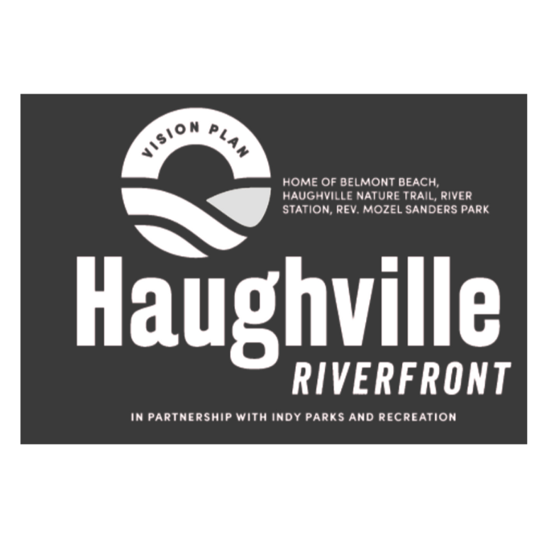 Logo featuring a stylized sunset and river, with the words "Vision + Plan" inside the sun, and "Haughville Riverfront" prominently displayed.