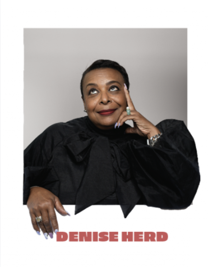 Portrait of a woman with dark hair and dark lipstick, wearing a black outfit, resting her chin on her hand, looking upward with a thoughtful expression. The name "DENISE HERD" appears in bold red letters at the bottom.