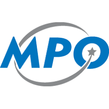MPO logo with blue letters, gray oval ring, and gray star inside the letter O.
