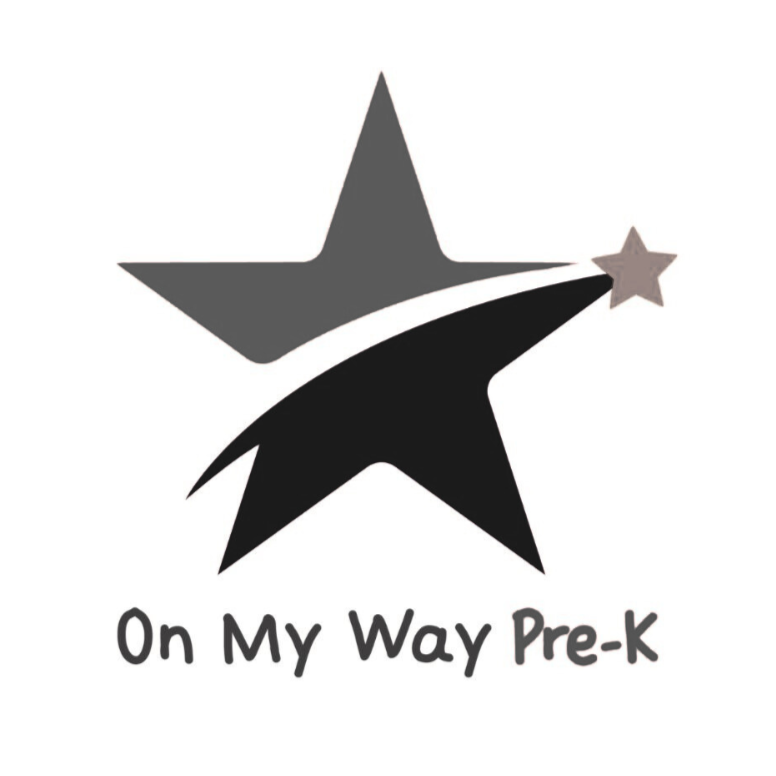 A logo with a large gray star and a smaller gray star connected by a curved line, with black and gray parts overlapping, and the text "On My Way Pre-K" beneath it.