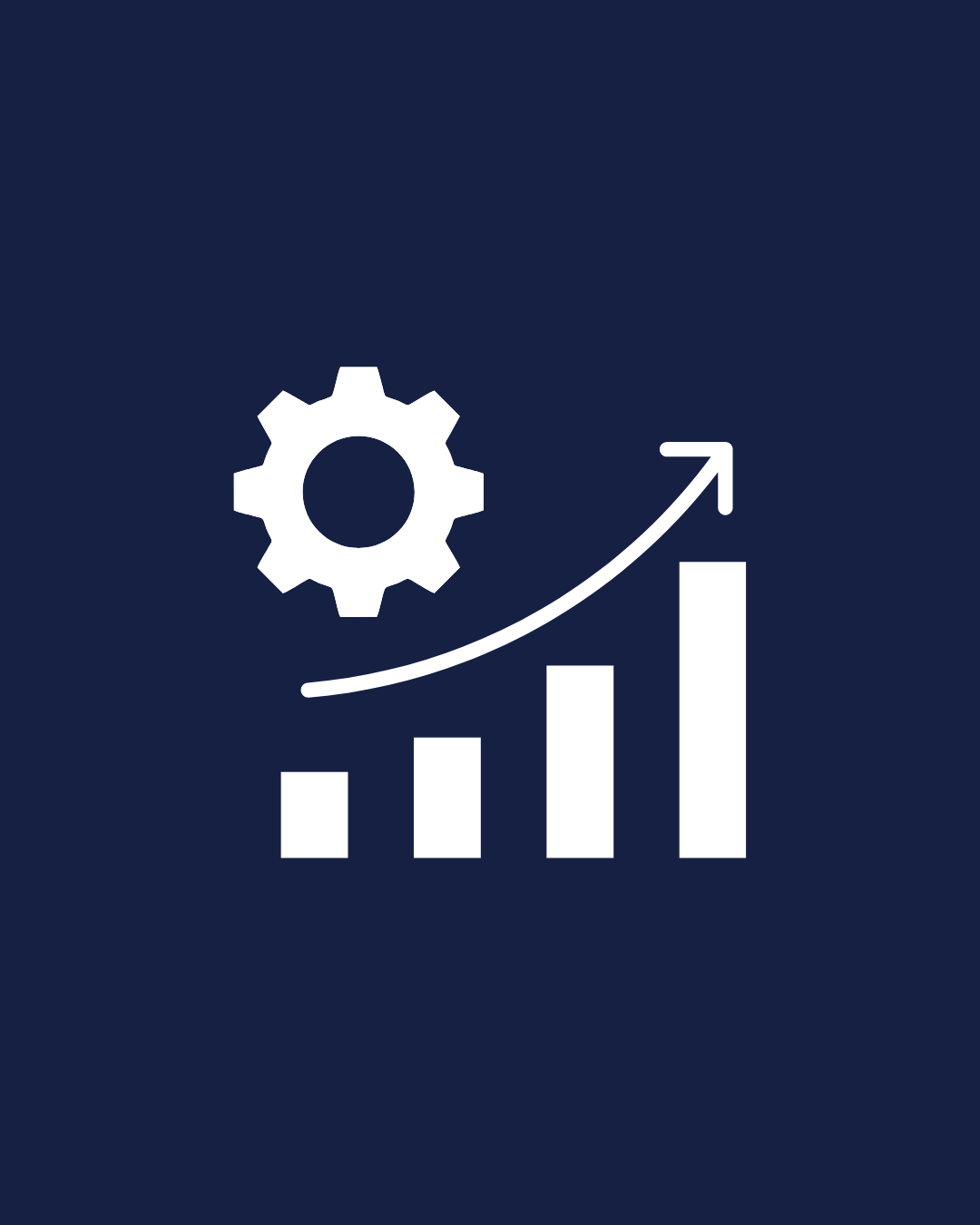 Graphic showing increasing bar chart, gear icon, and upward arrow on a dark blue background.