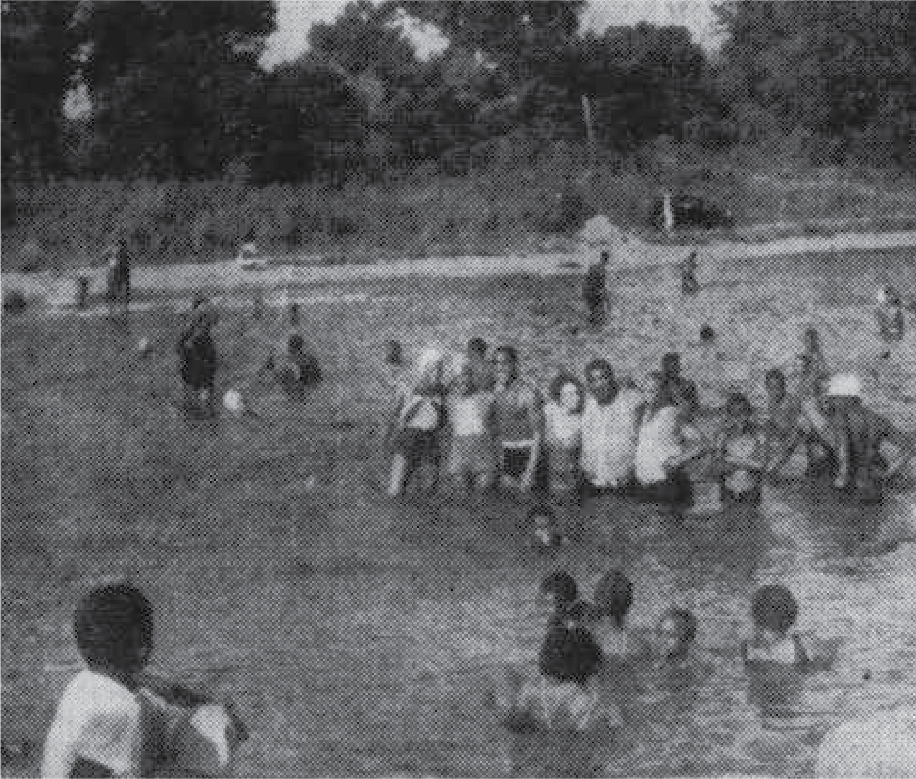 Children playing and splashing in a body of water, with some children standing in the water and others on the grassy bank, during what appears to be a warm day.