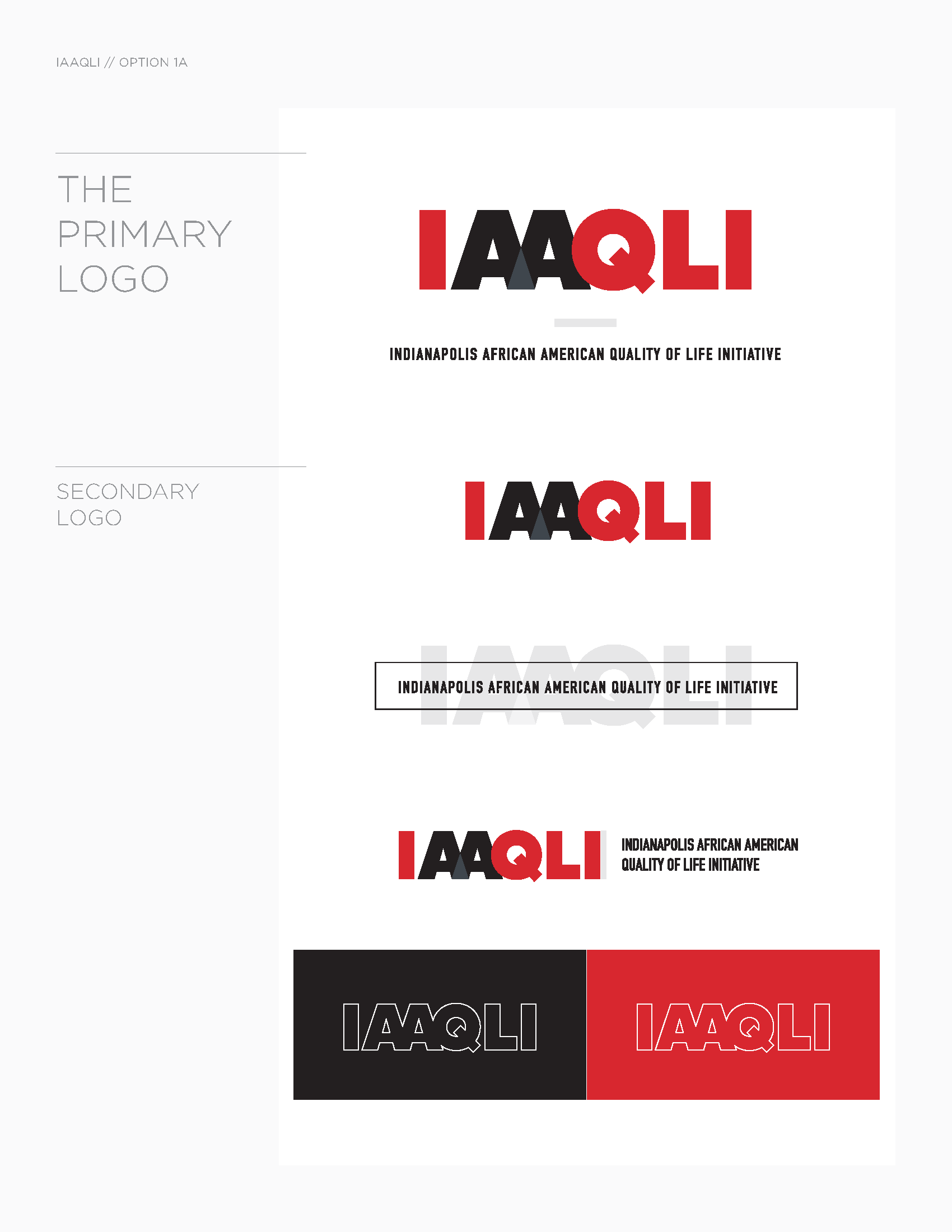 Various logo designs for the Indianapolis African American Quality of Life Initiative, including primary, secondary, and alternative versions with different colors and styles.