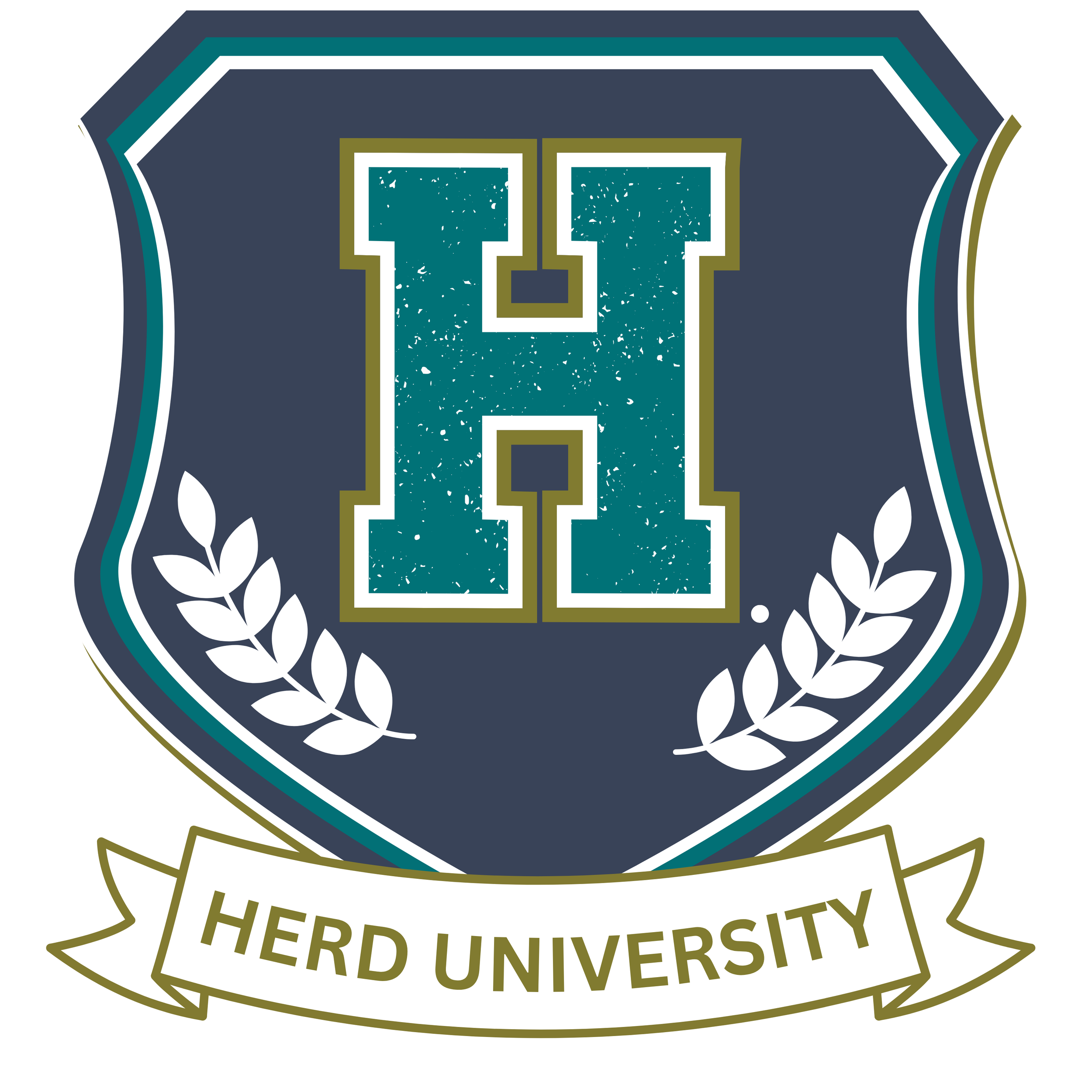 A shield-shaped logo with a large teal letter 'H' in the center, white laurel branches on either side, and a banner below reading 'HERD UNIVERSITY' in green text.