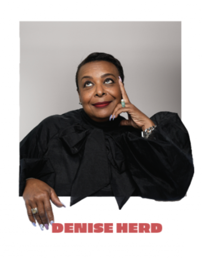 Portrait of a woman with short hair, wearing a black outfit, resting her chin on her hand, looking up. Text below reads 'DENISE HERD'.
