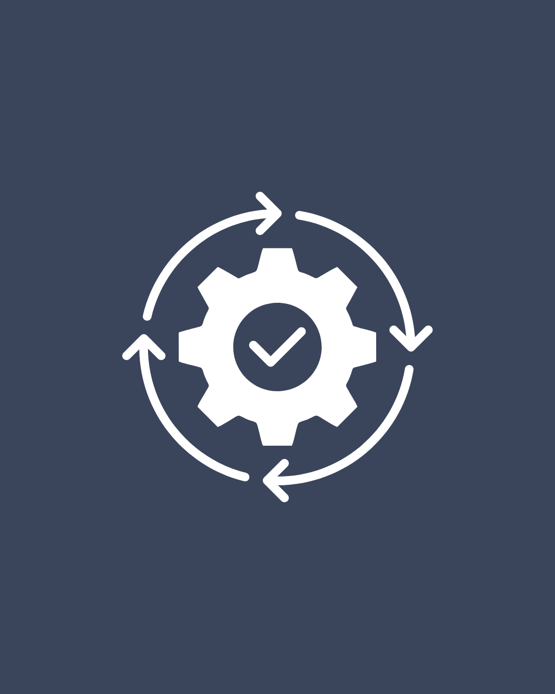 Gear with checkmark inside and circular arrows around it, representing automation or process completion.