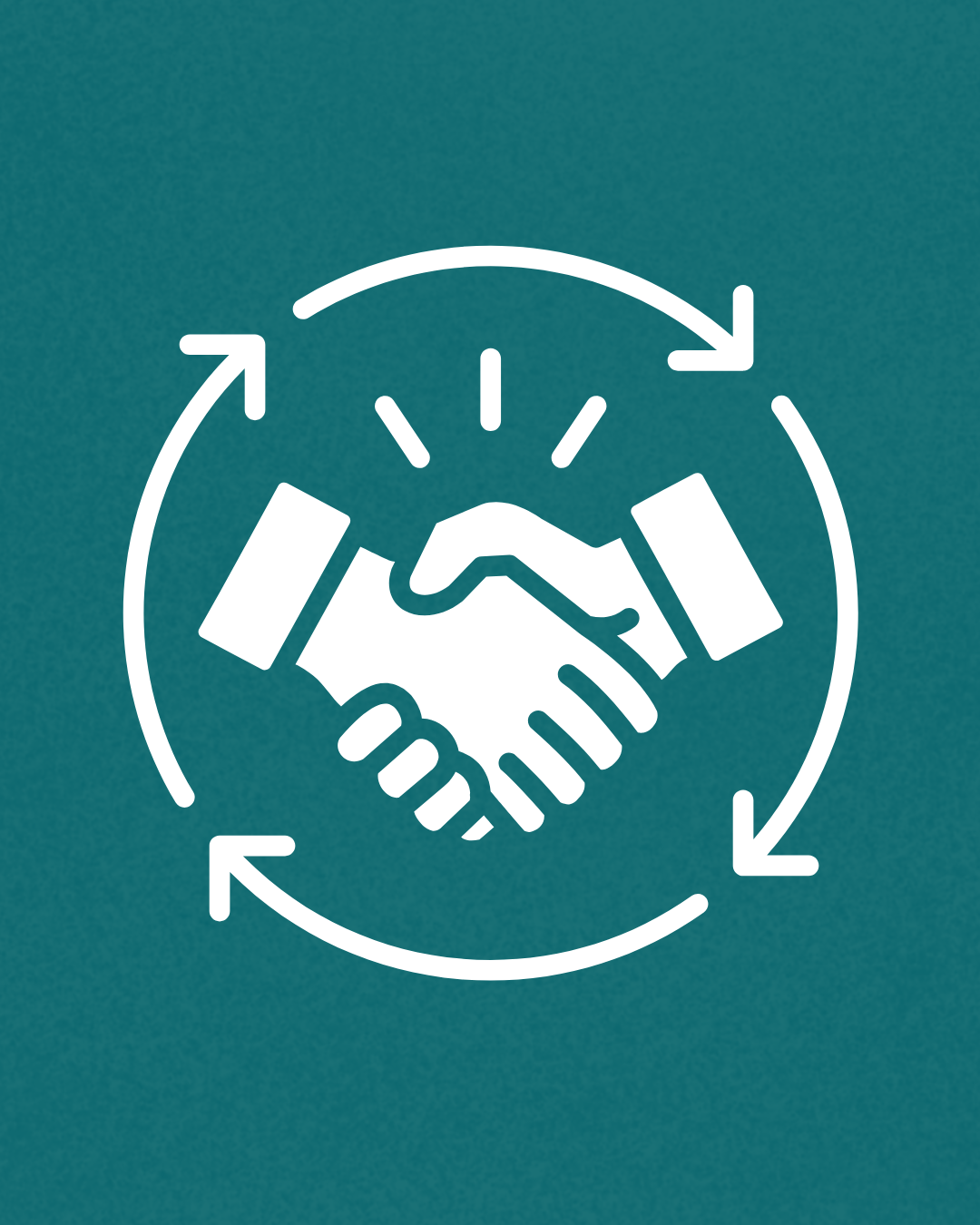 White icon of two shaking hands within a circular arrow, symbolizing partnership or cooperation.