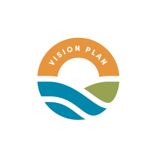 Logo with a stylized sun, hill, and water, with the words "Vision Plan" in a semicircle.