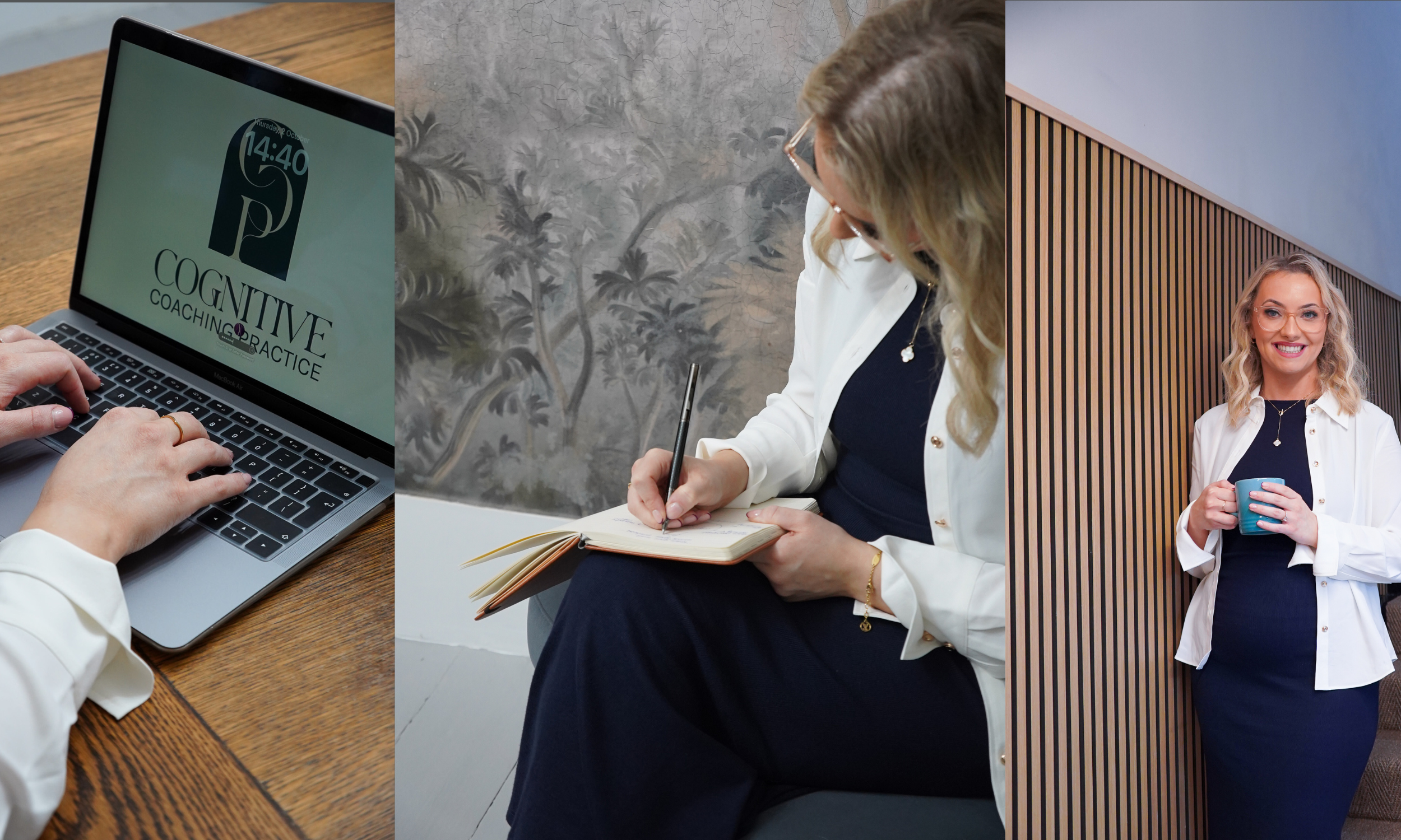 A collage of three images: the first shows a person working on a laptop with a logo for 'Cognitive Coaching Practice' on the screen; the second depicts a woman sitting and writing in a notebook; the third features the same woman smiling while holding