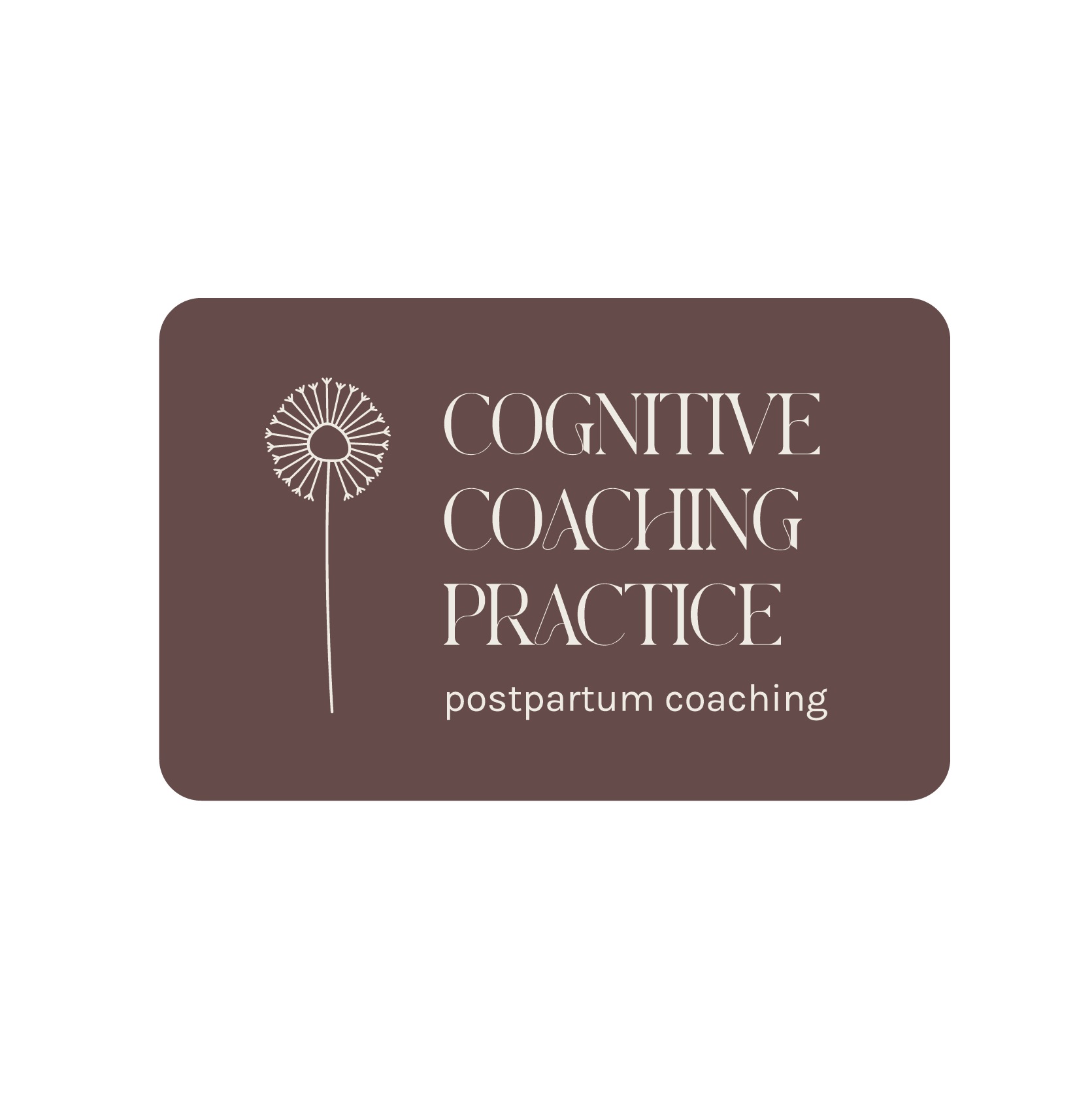 Logo for cognitive coaching practice with dandelion graphic on a brown background.