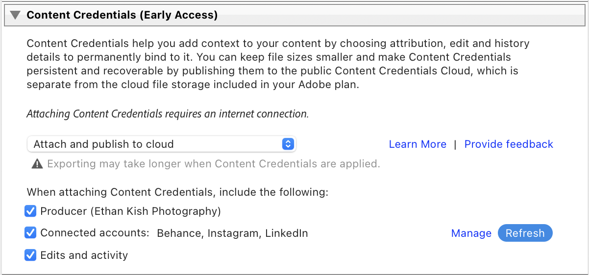 Screenshot of the Content Credentials Dialog Box in Lightroom Classic.