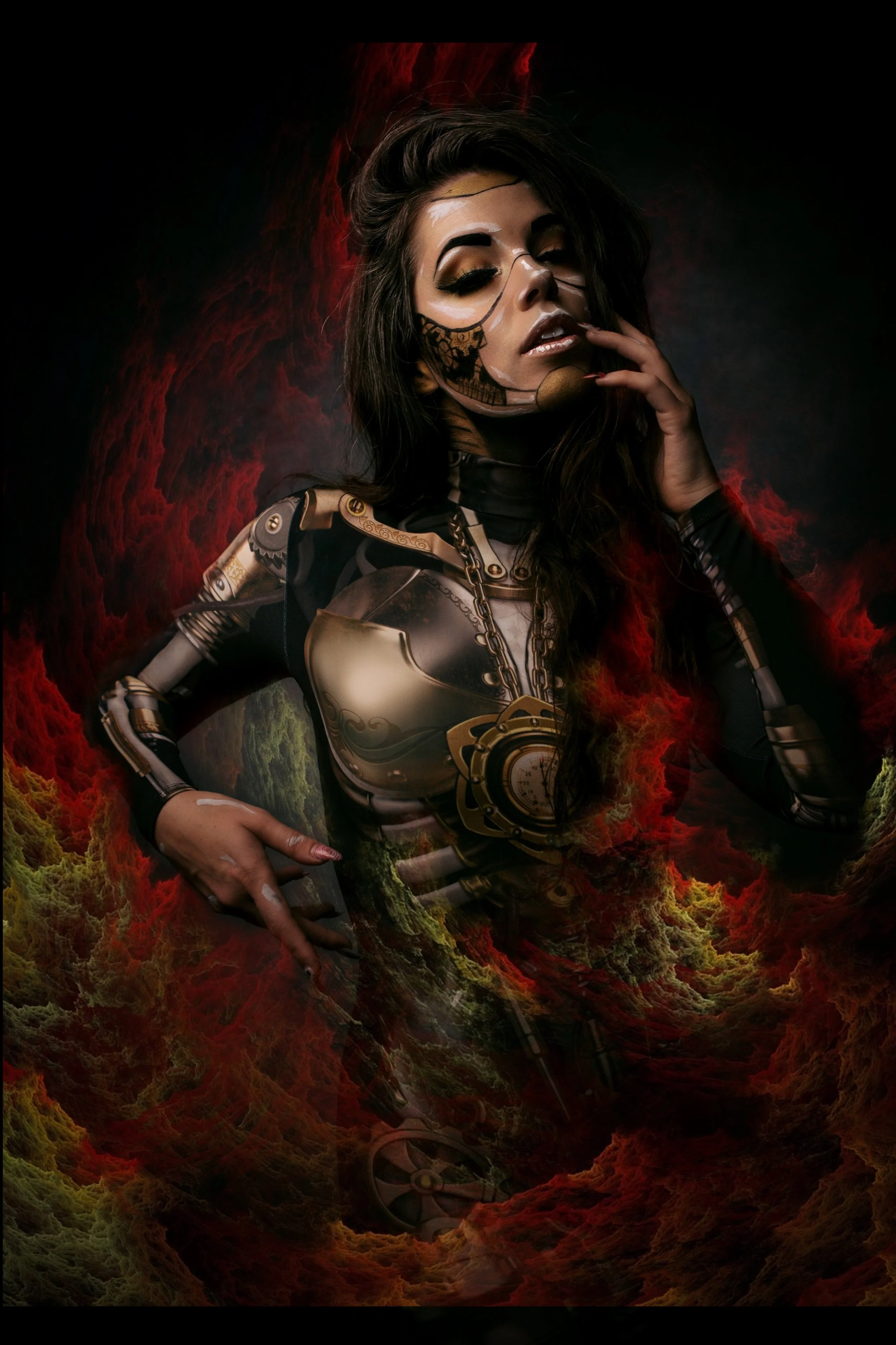 Artistic portrait of a woman with detailed face makeup and body armor, surrounded by fiery red and orange smoke.