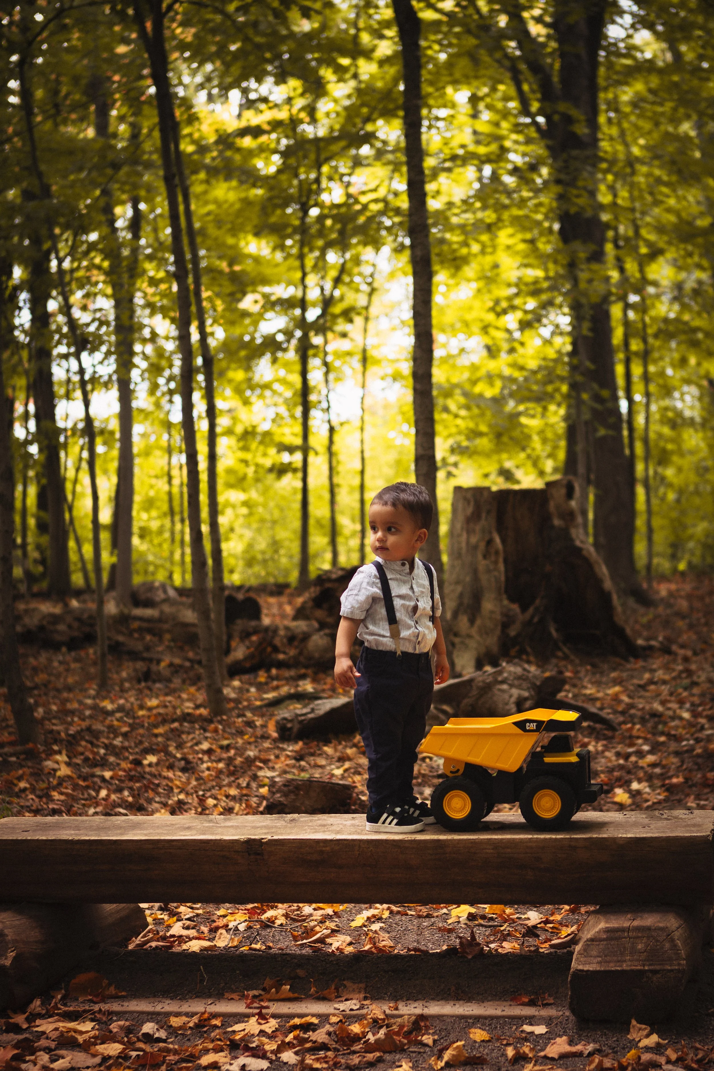 A young boy dressed in a white shirt with suspenders and dark pants standing on a wooden log in a forest with a yellow toy dump truck.