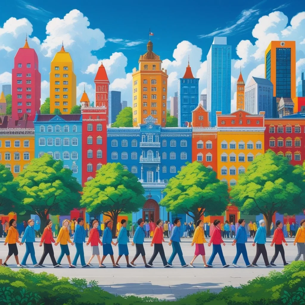 Colorful cityscape with tall pastel buildings, green trees, and a large crowd of diverse people walking across a crosswalk in foreground.