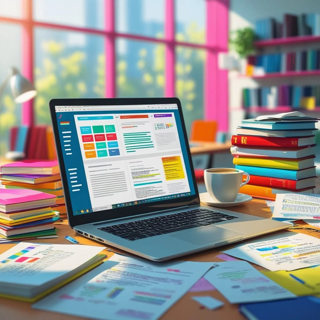 A laptop on a cluttered desk with papers, books, and a coffee cup in a colorful, well-lit office or library space.