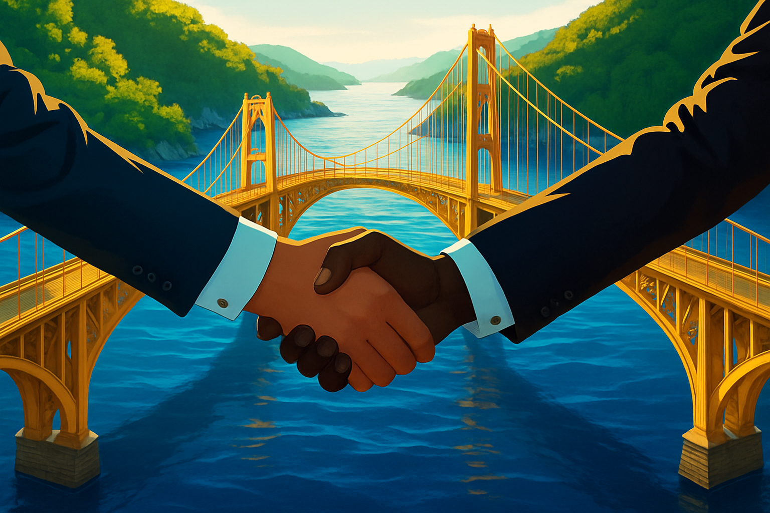Two people in business suits shaking hands over a bridge with a river and green hills in the background.