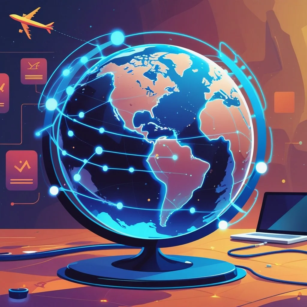 A digital illustration of a globe with North and South America illuminated, surrounded by blue network lines and glowing points, with an airplane in the background and connected to a laptop and other digital icons, representing global connectivity and technology.