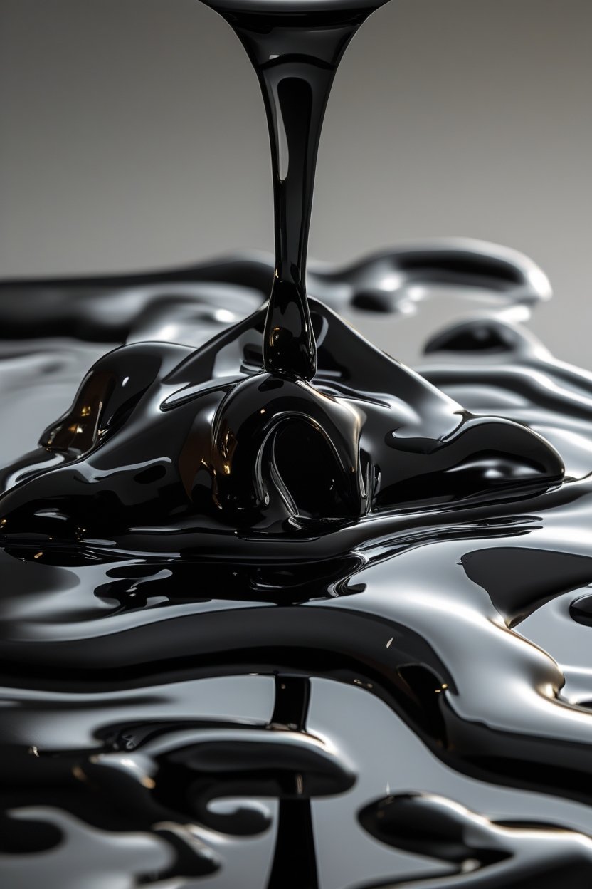 Close-up of black liquid or molten substance flowing and pooling.