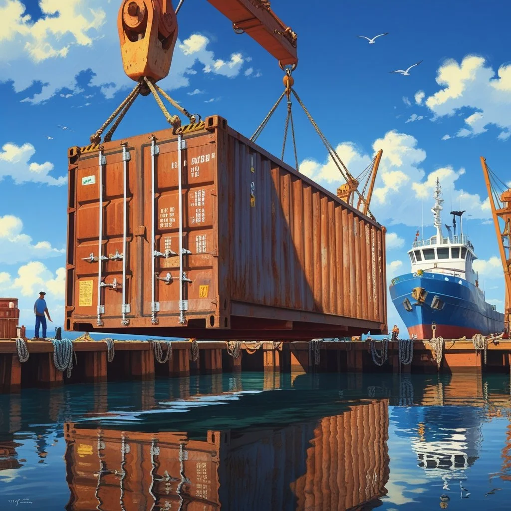 A large shipping container is being lifted by a crane onto a dock, with a cargo ship in the background and clear blue sky with clouds and seagulls above.