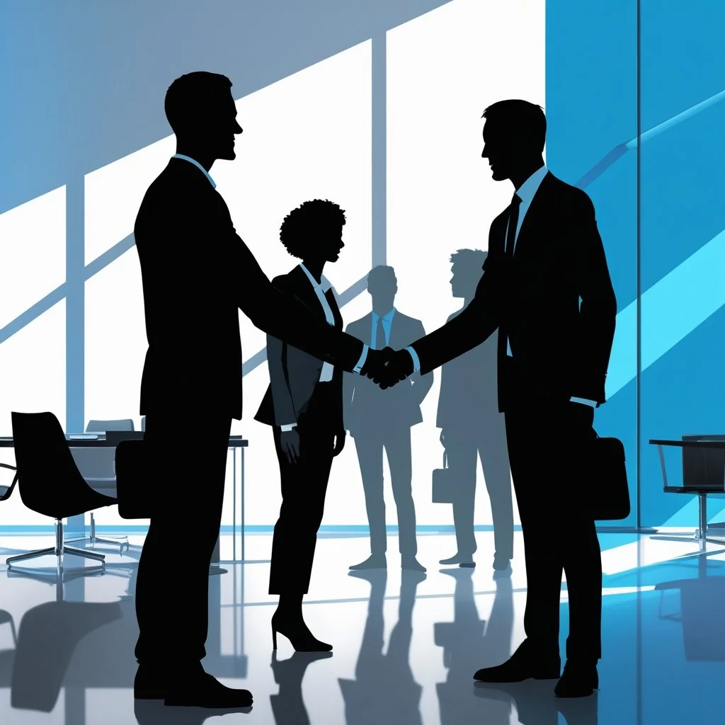 Silhouettes of businesspeople shaking hands in a modern office with large windows and chairs.