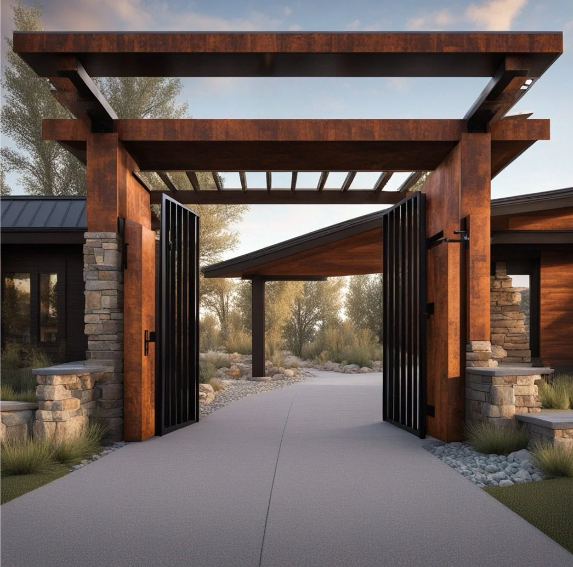 Modern gate with black metal doors, wooden frame, stone pillars, and landscaped surroundings.