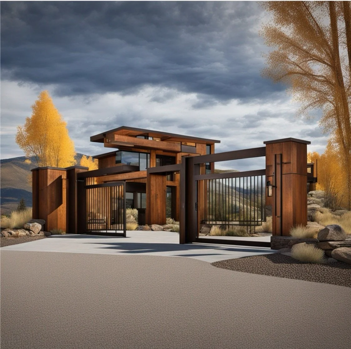 Modern wooden house with a large gate, set in a natural landscape with mountains, trees with yellow leaves, and cloudy sky.