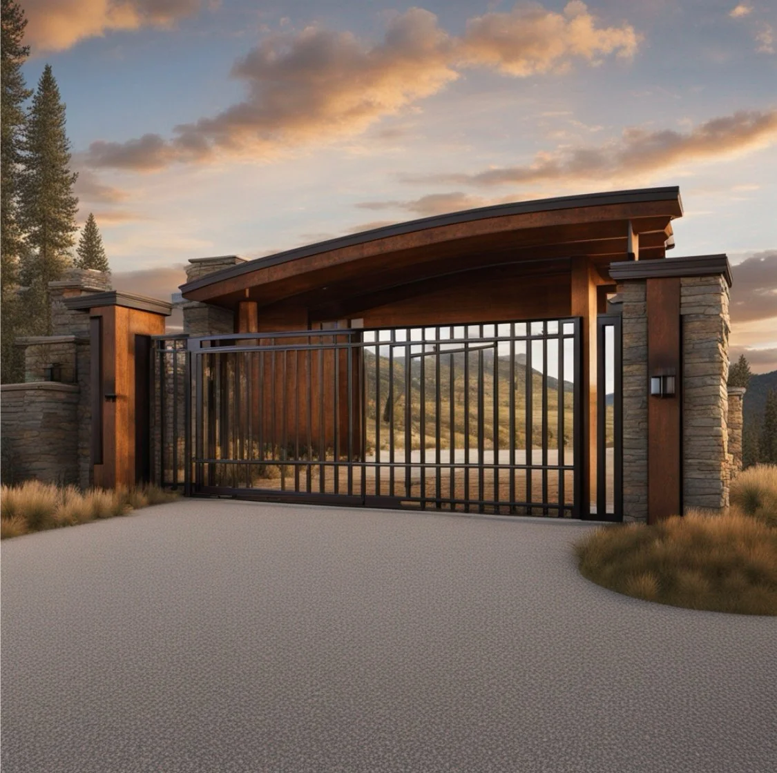 Gated entrance with stone and wood pillars, black metal gate, and a curved wooden roof, leading to a scenic landscape with mountains and trees at sunset.