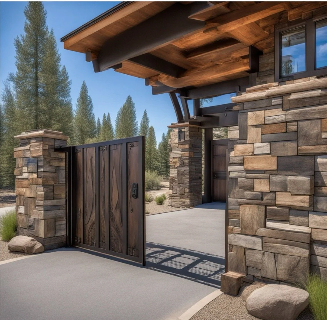 Close-up of a modern wooden gate and stone entrance to a house, with a house roof and trees in the background.